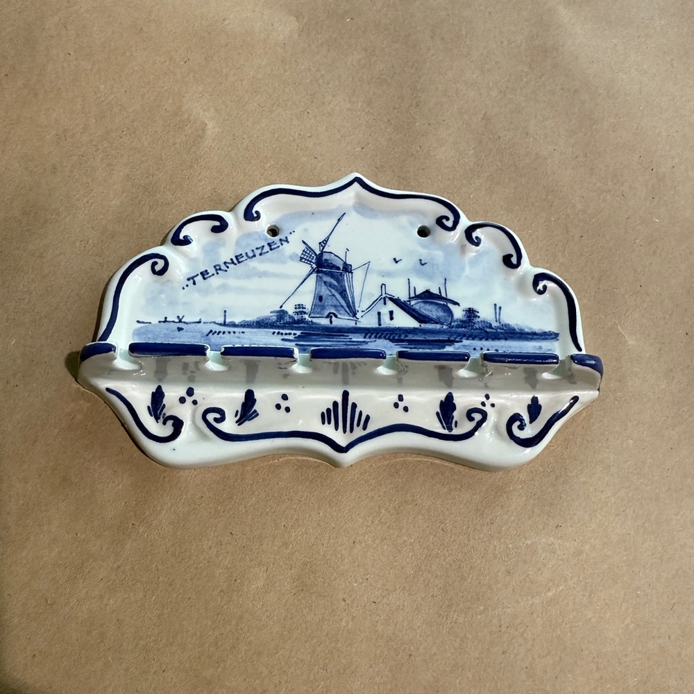Delft Blue and White Spoon Holder with Windmill Design
